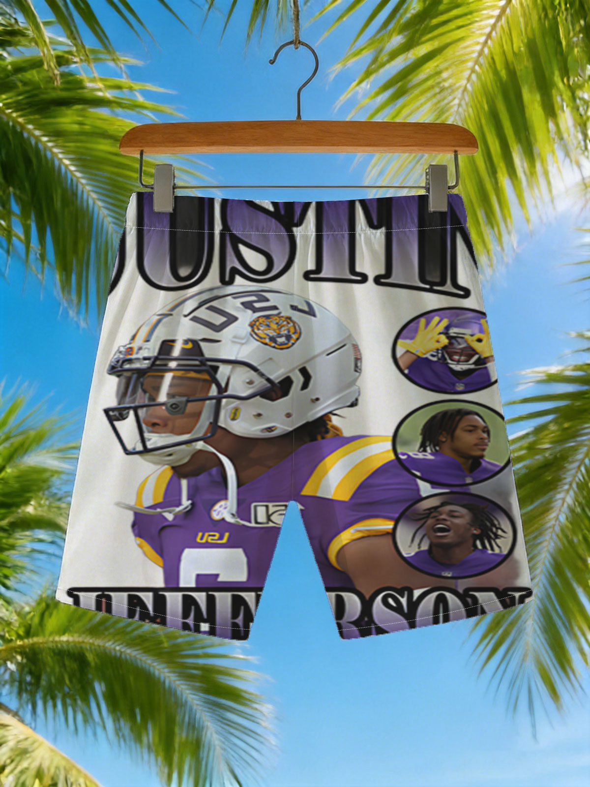 Justin Jefferson LSU Football Player Highlight Collage -  Beach shorts