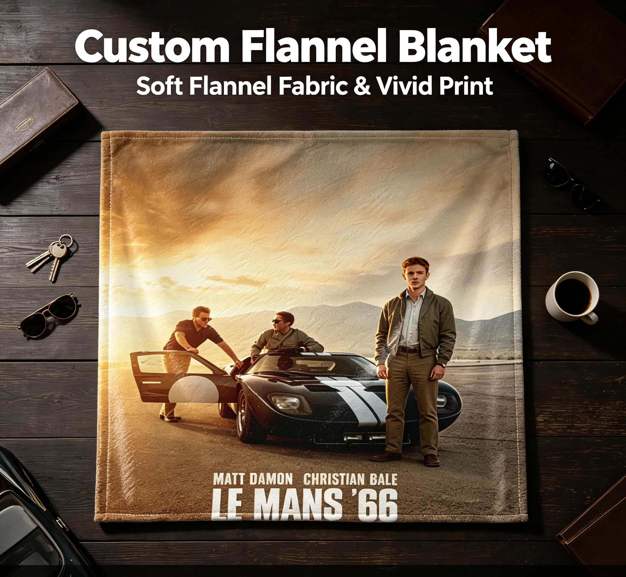 Custom Face Blanket Featuring Le Mans '66 Movie Characters Matt Damon and Christian Bale Flannel Blanket for Car Enthusiasts and Movie Fans Perfect Gift or Giveaway Item