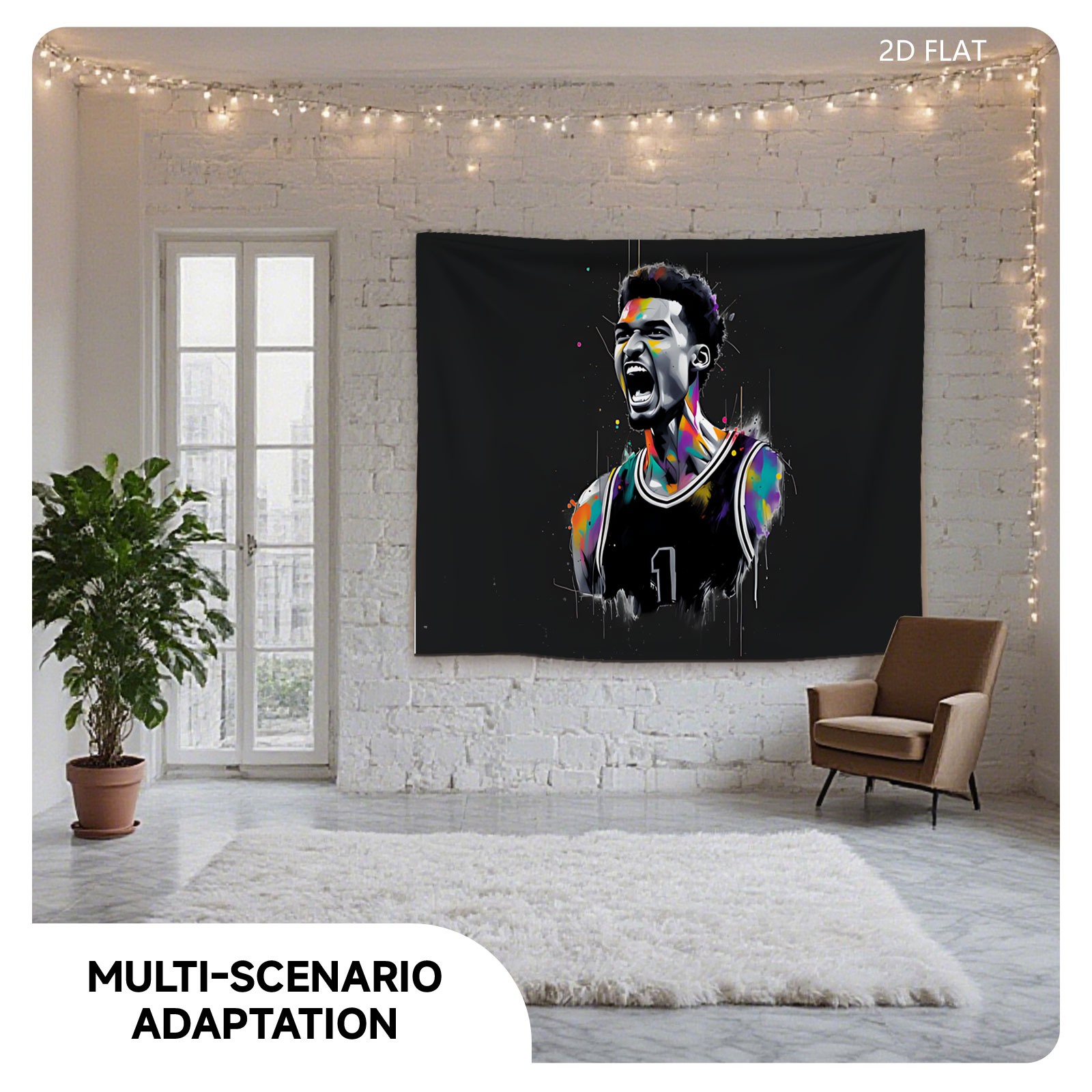 Derrick Rose in a vibrant, expressive basketball jersey with dynamic splashes of color. - Tapestry