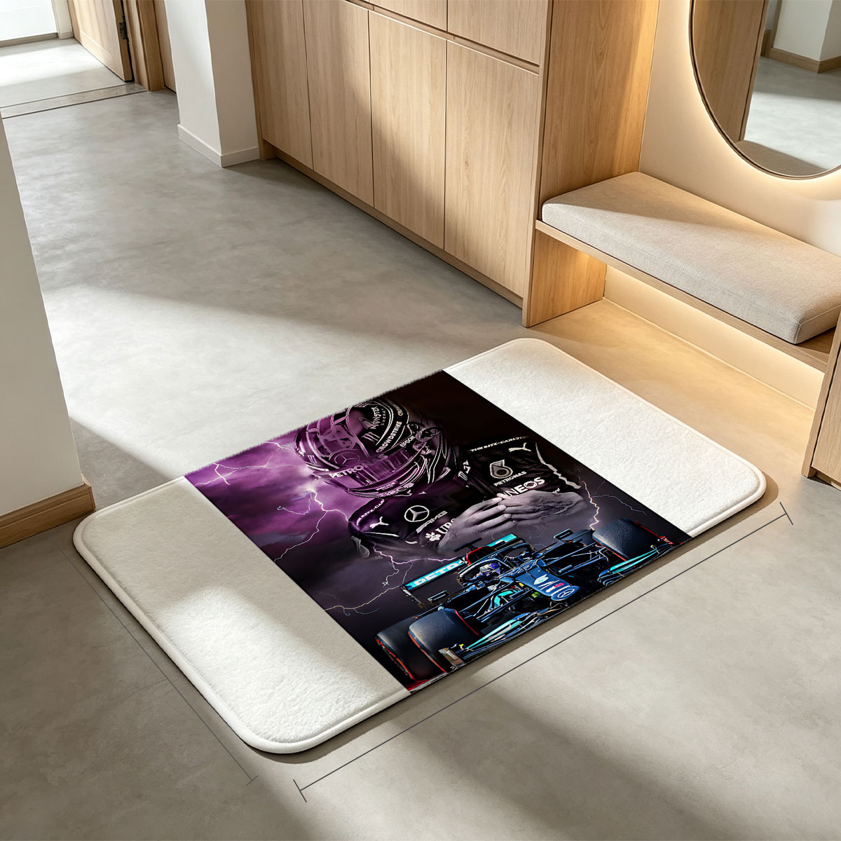 Lewis Hamilton, Mercedes-AMG Petronas F1 Driver, in Action with Lightning Background - Flannel floor mat