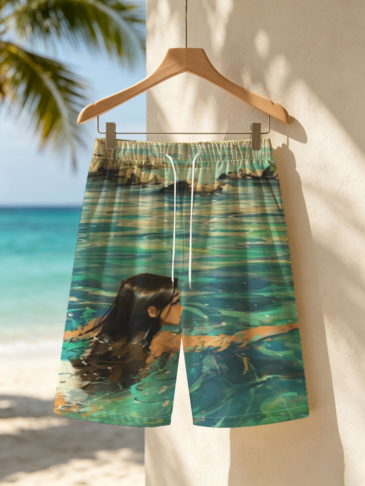 Woman swimming in clear blue water near rocky shore -  Beach shorts