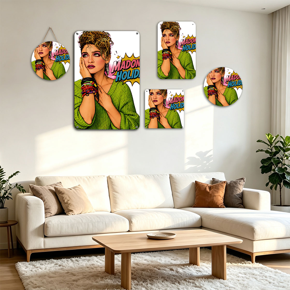Madonna Holiday: Iconic Pop Star in Vibrant Green Sweater and Bold Accessories - painting