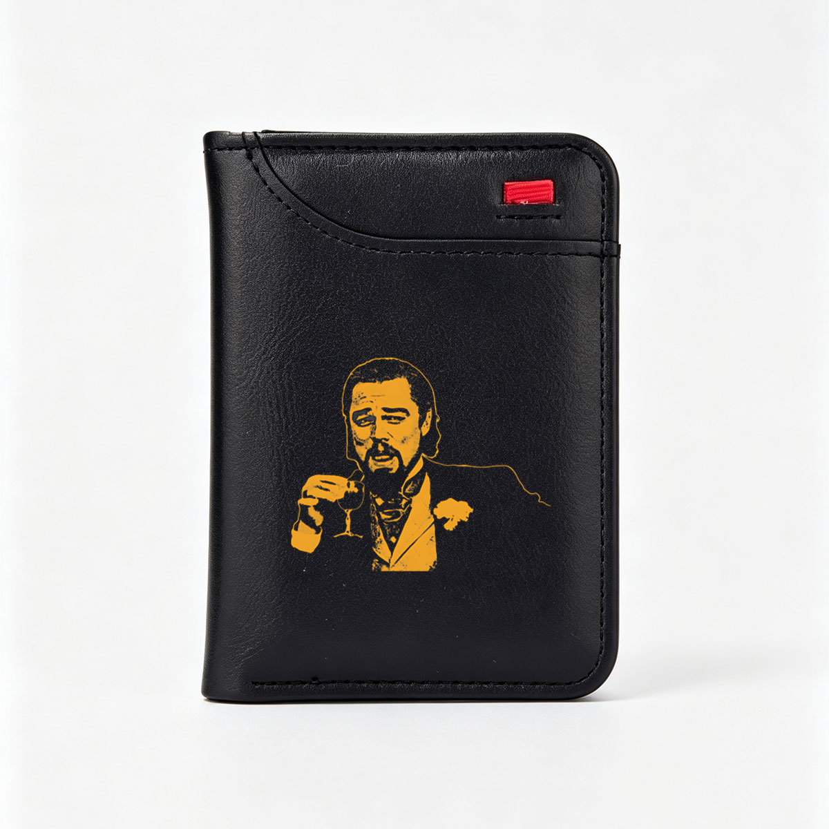 Liam Neeson as a suave gentleman holding a wine glass, stylized in bold yellow and black. - Vertical Style Wallet
