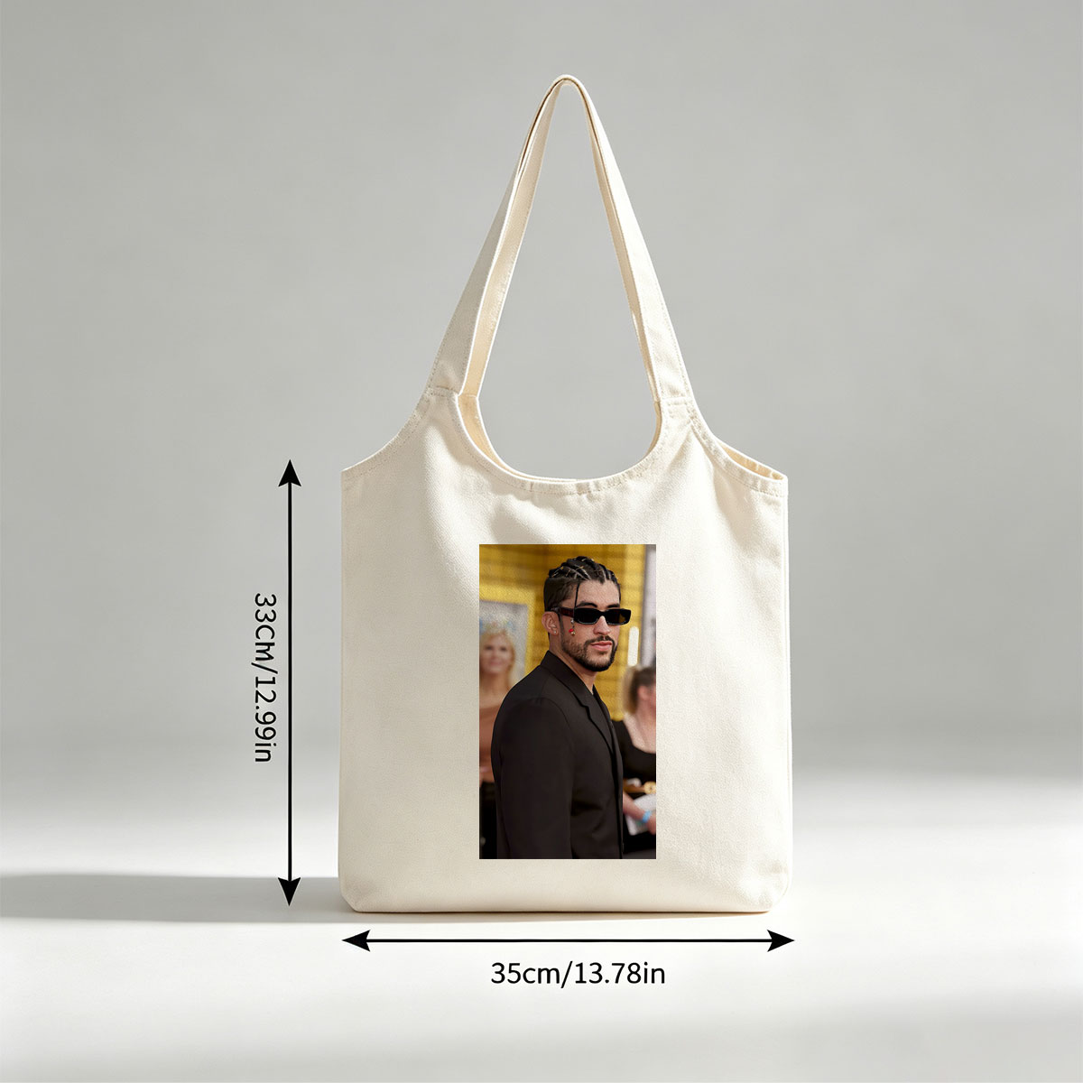 Bad Bunny at the Red Carpet Event Wearing a Black Suit and Sunglasses - Canvas shoulder bags/