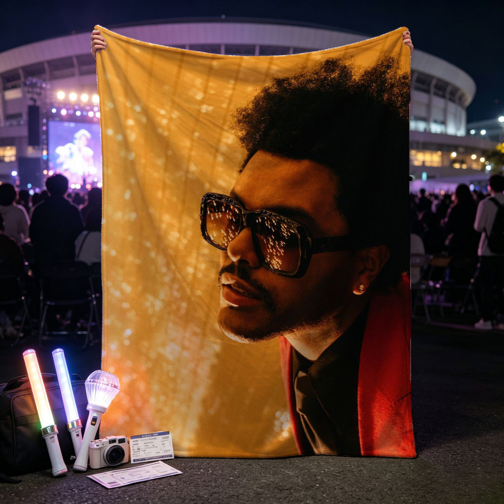 The Weeknd in a Red Suit and Sunglasses Against a Golden Lighted Background - Blankets