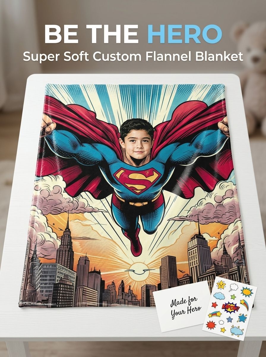 Custom Face Superhero Flannel Blanket, Personalized Photo Comic Fleece Throw, Ultra Soft Cozy Keepsake Gift for Kids