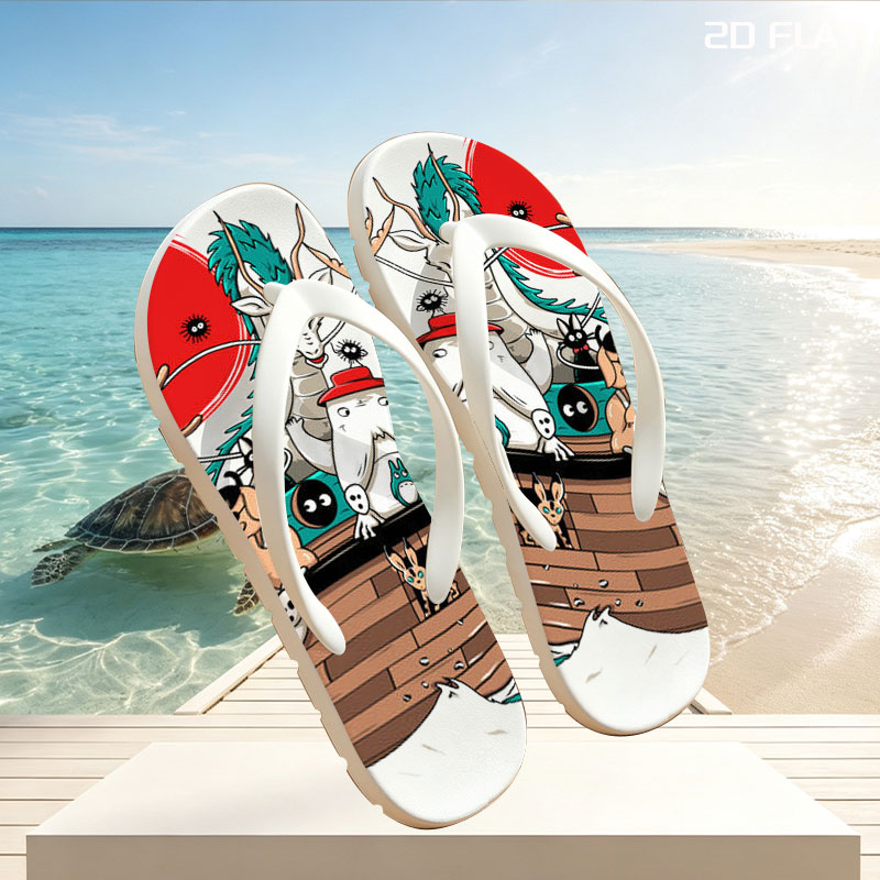 Studio Ghibli Characters Sail in a Wooden Boat with Mythical Creatures and Icons -  flip-flops