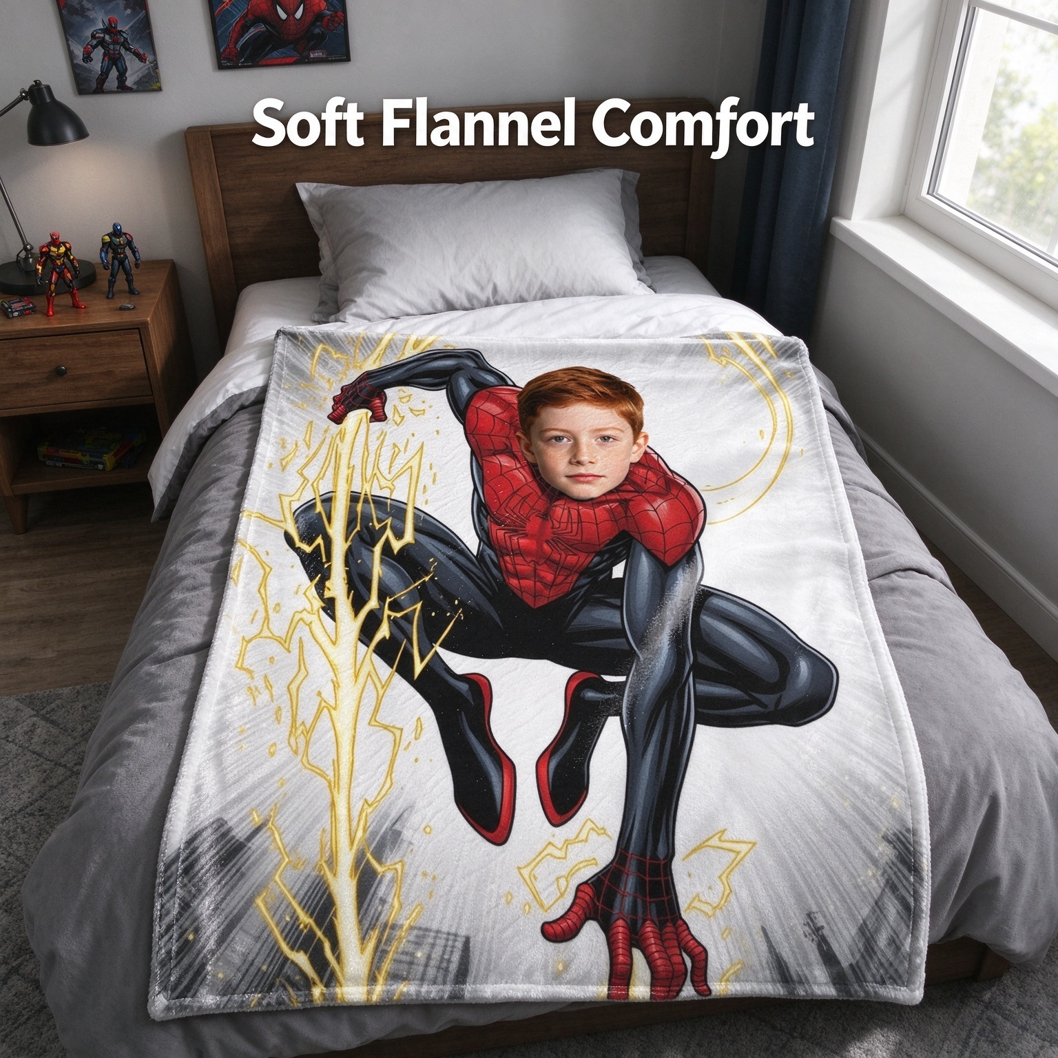 Custom Photo Face Superhero Flannel Blanket, Personalized Soft Plush Comic Throw, Ideal Personalized Gift for Kids