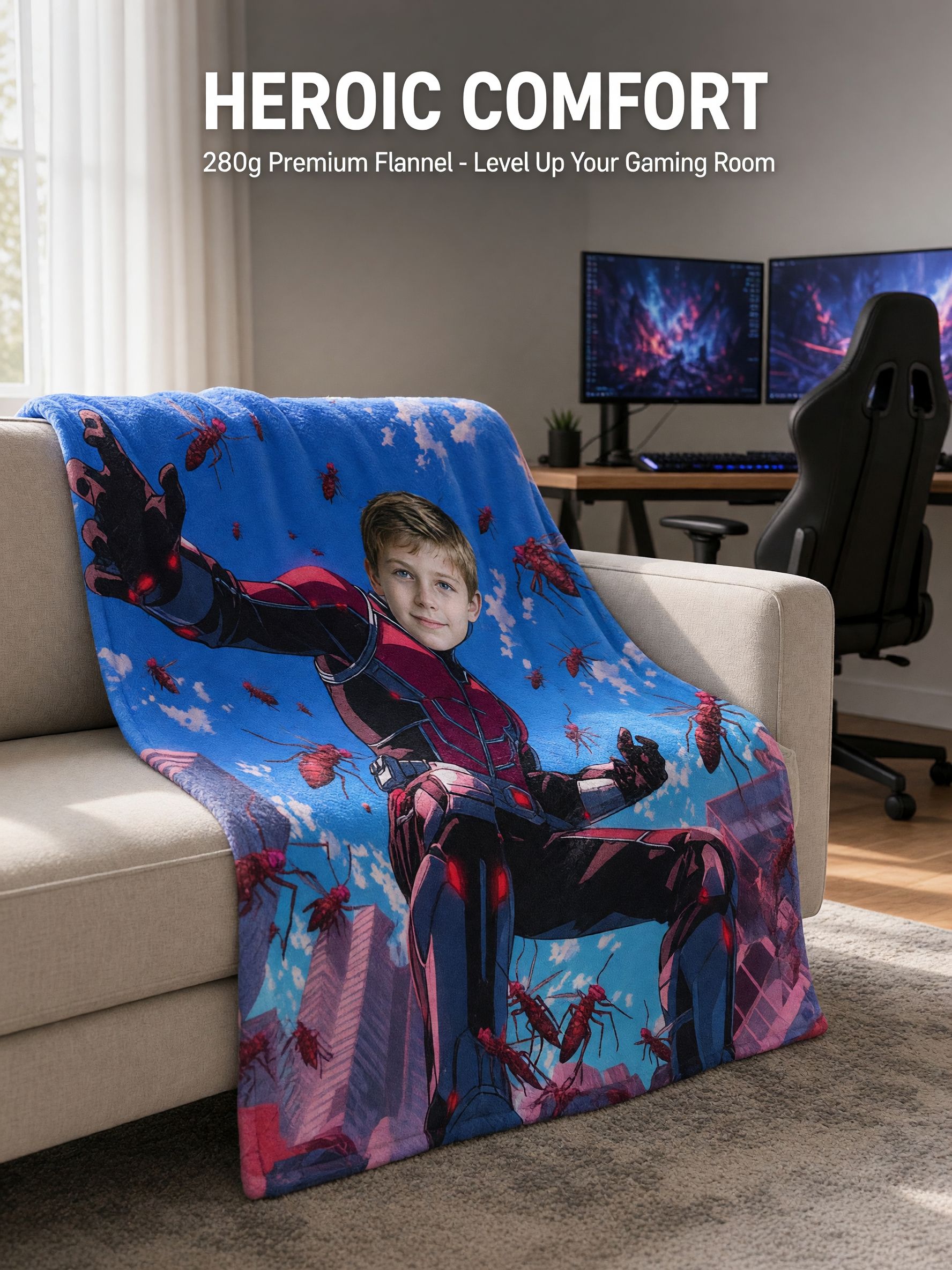 Custom Face Superhero Flannel Blanket, Personalized Photo Comic Plush Throw, Ultra Soft Skin-Friendly Warm Gift