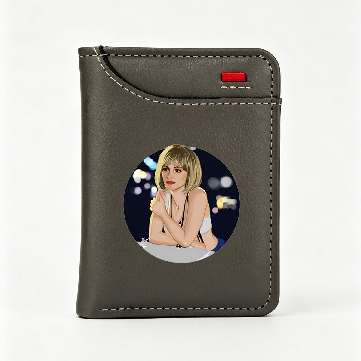 Miley Cyrus in a stylish pose with a cityscape background - Vertical Style Wallet