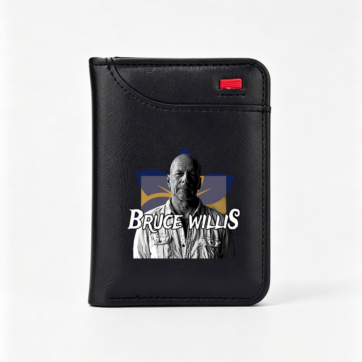 Bruce Willis in a stylized graphic with bold text and abstract background elements - Vertical Style Wallet