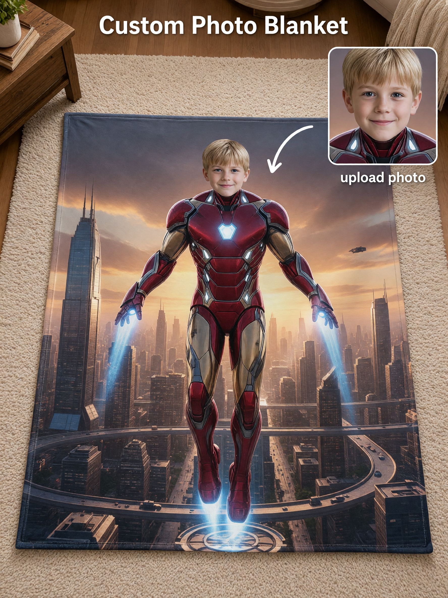 Custom Superhero Face Photo Blanket Soft Flannel Fleece Throw Cover for Bed Couch Ideal Personalized Keepsake Gift