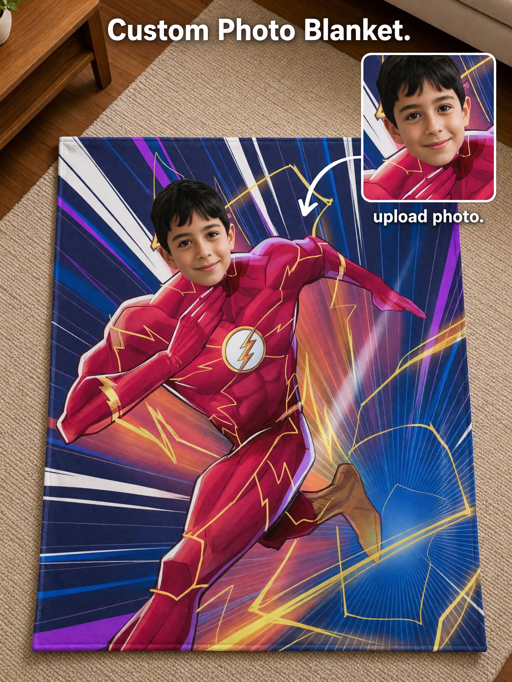 Custom Photo Face Superhero Blanket, Personalized Ultra-Soft Flannel Throw, Ideal Warm Cozy Gift for Kids and Family