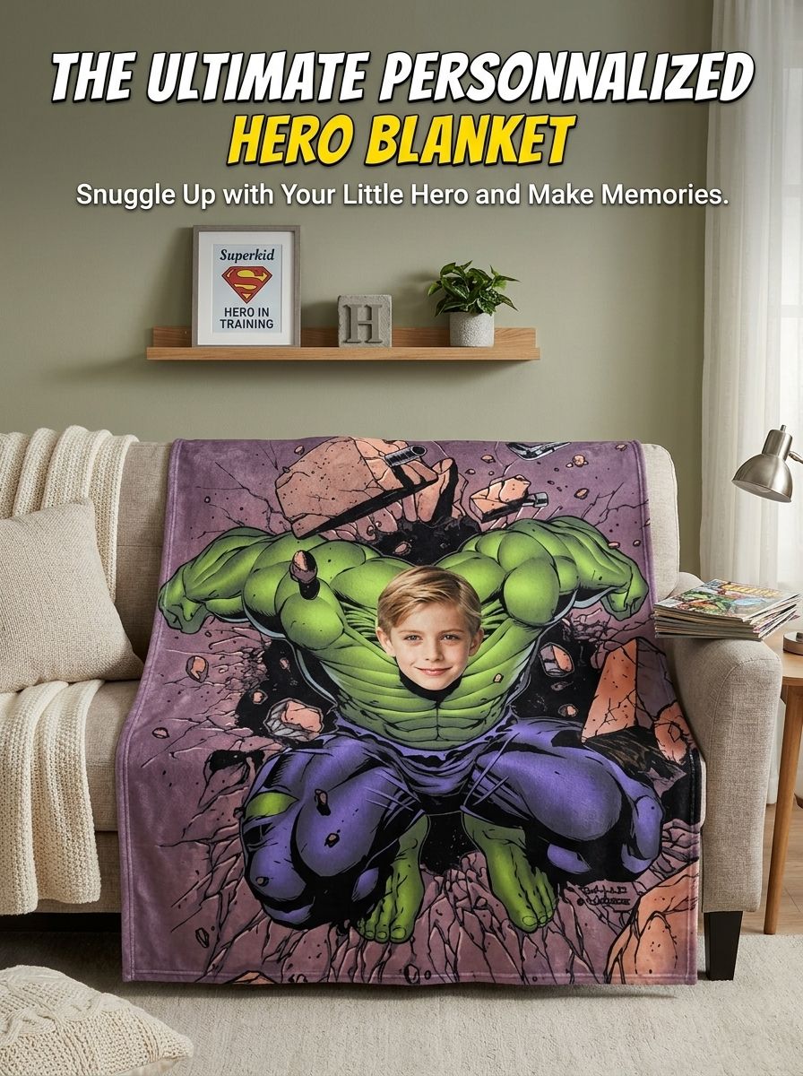 Personalized Photo Face Superhero Flannel Blanket, Ultra Soft Anti-Pilling Fleece Throw, Custom Keepsake Gift for Kids