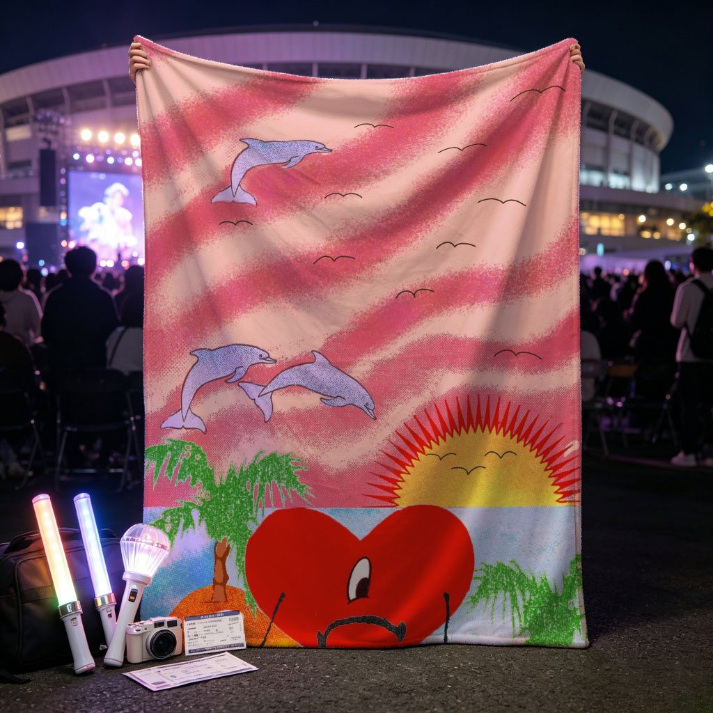 Heart Character on Tropical Beach with Dolphins and Sunset - Blankets