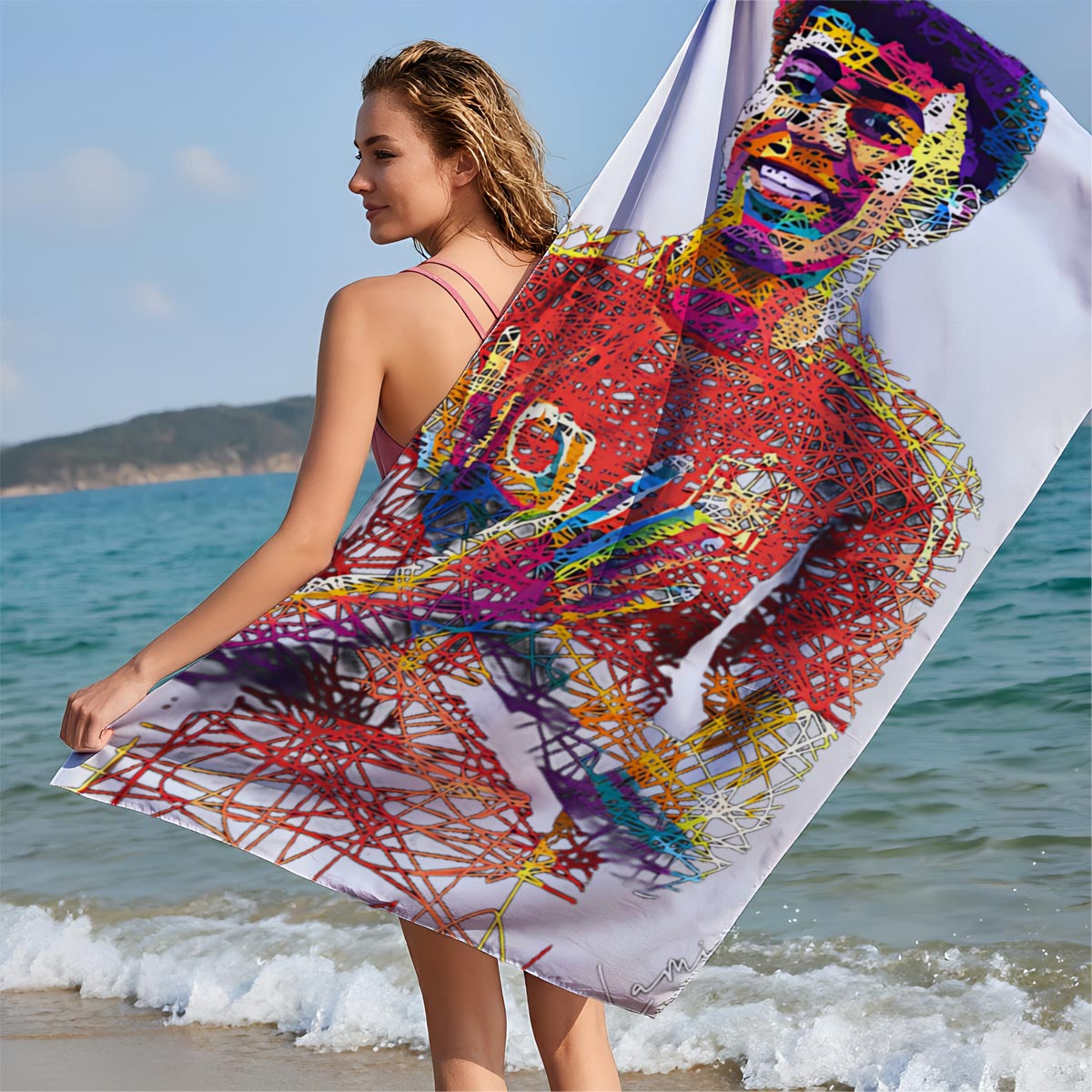 Lamine Yamal, vibrant line art portrait of the footballer in a red jersey with number 19, arms crossed, against a black background. - Beach towels
