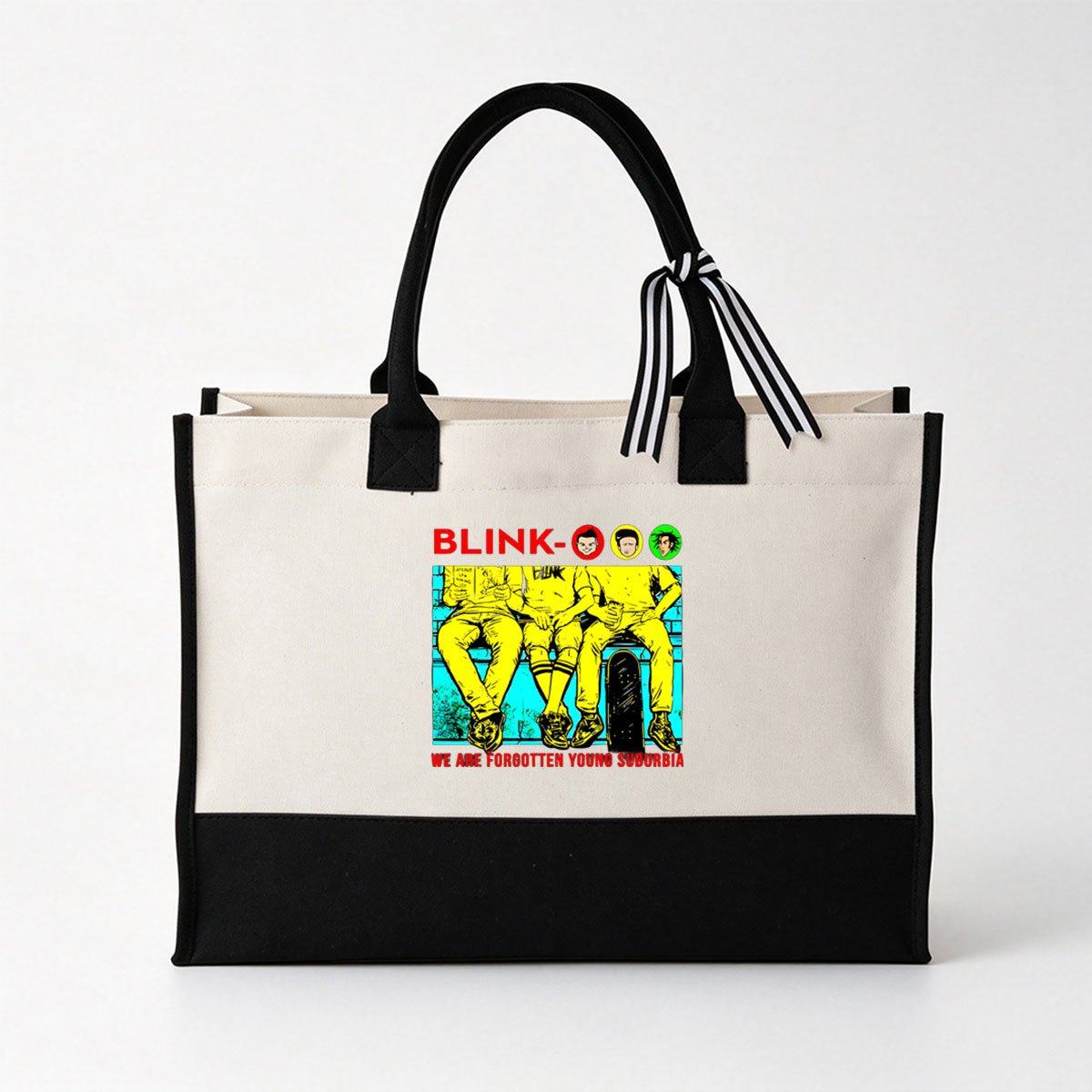 Blink-182: Forgotten Young Suburbia – Band Members in Yellow Outfits with Skateboard and Book - Canvas patchwork gift tote bag
