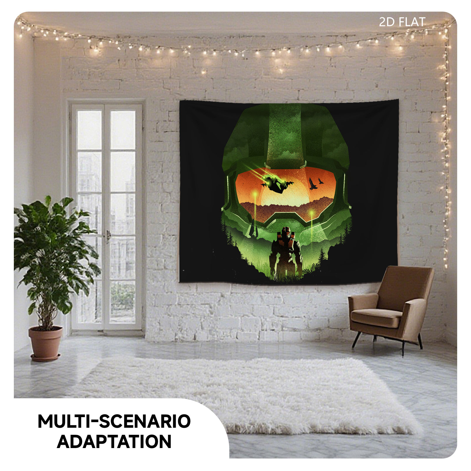 Master Chief Helmet View: Halo Soldier in Forest at Sunset - Tapestry