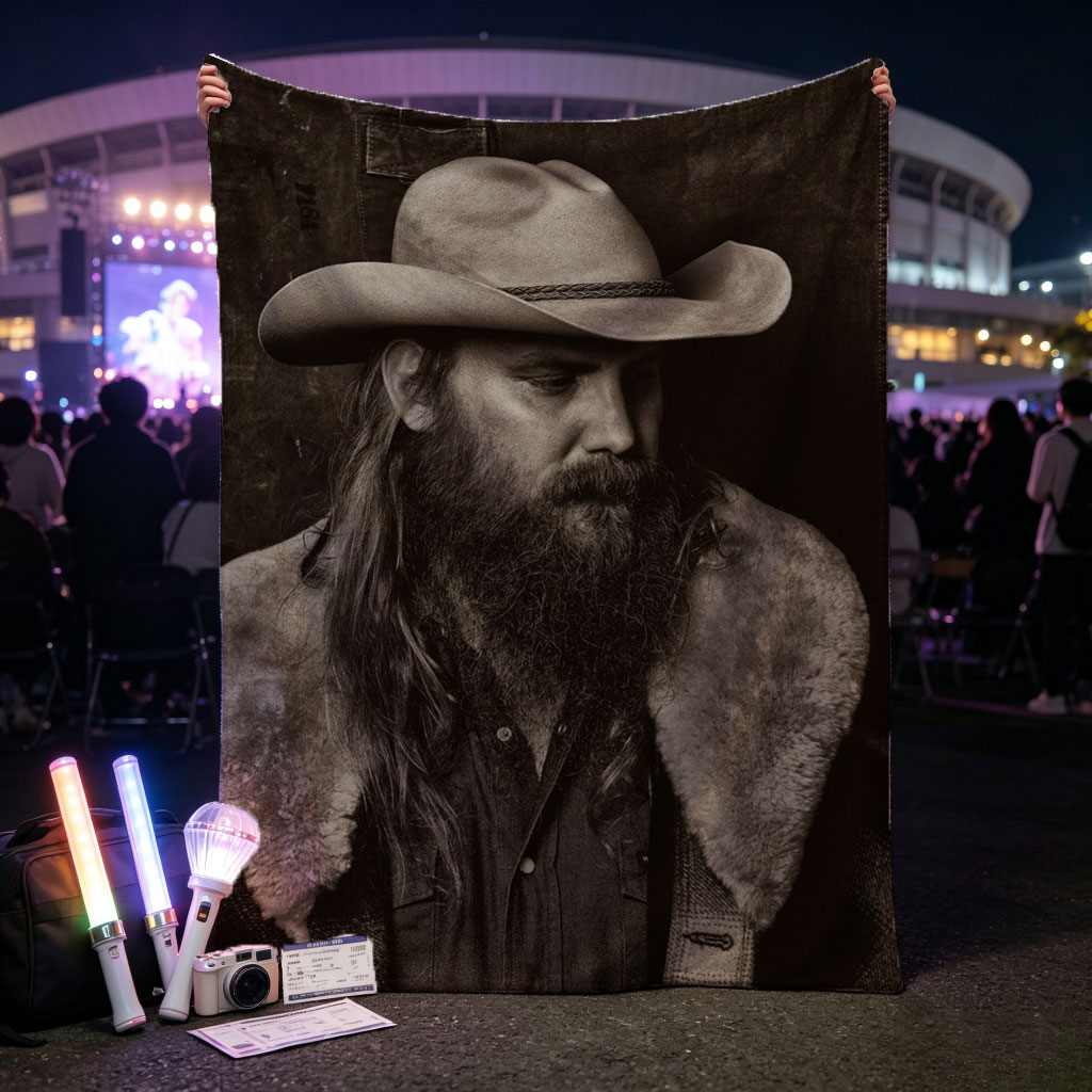 Chris Stapleton in a Cowboy Hat and Fur-Collared Jacket, Gazing Thoughtfully in a Monochrome Portrait - Blankets