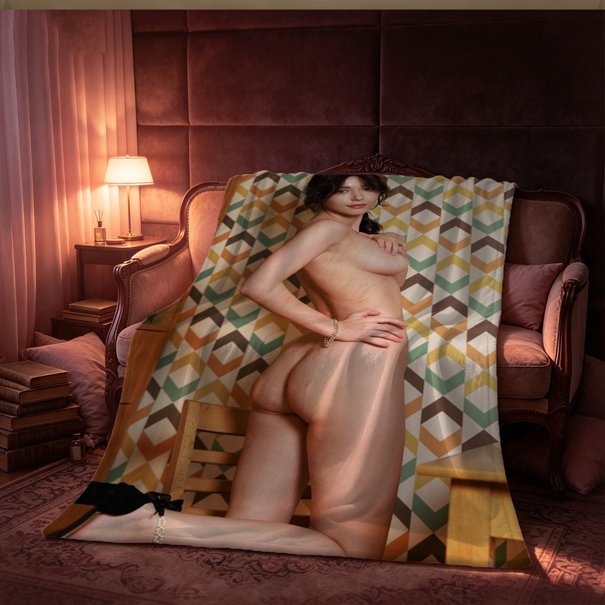 Nude Woman in Red Heels Standing in Bedroom - Blanket