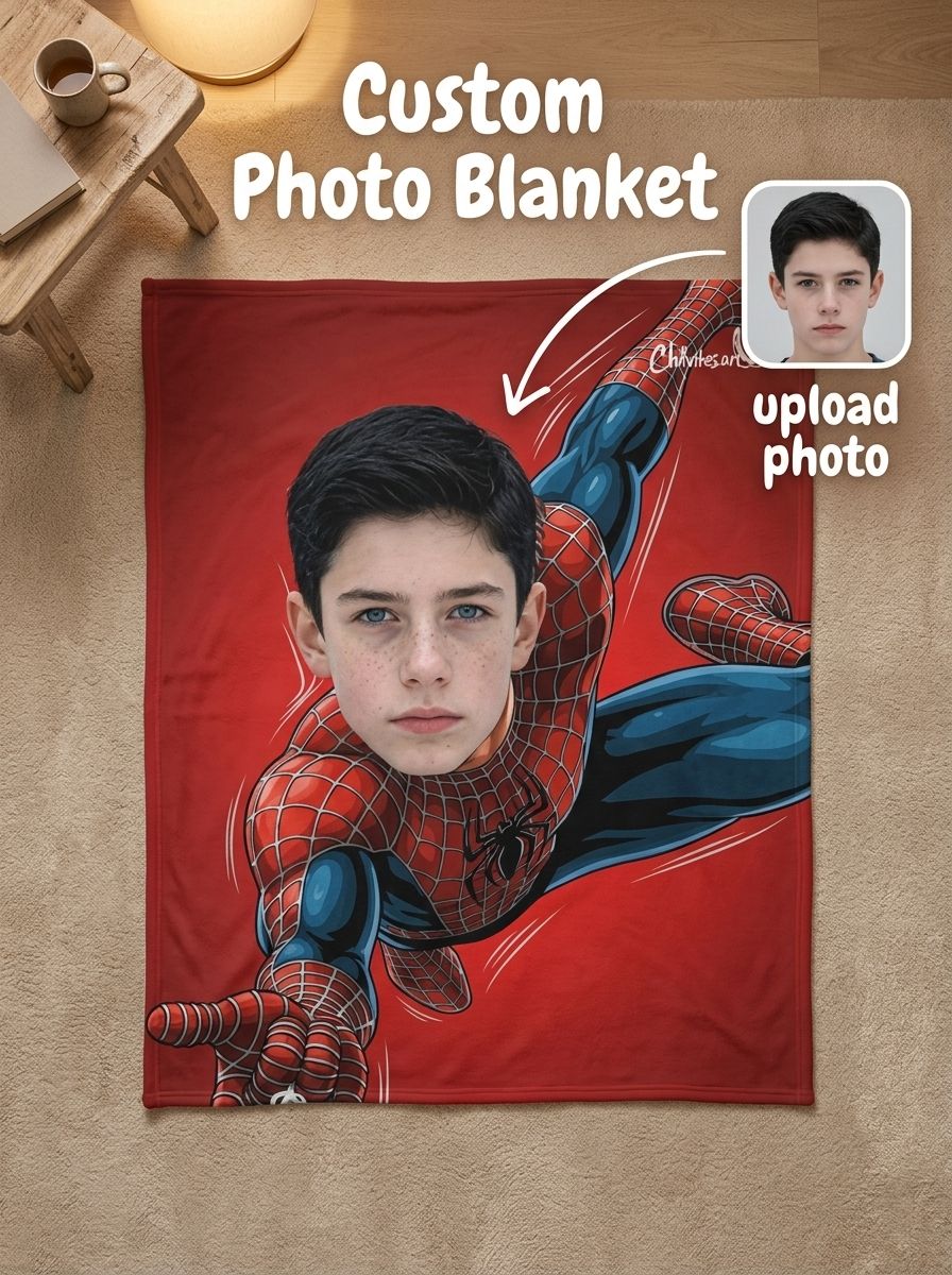 Personalized Face Photo Superhero Flannel Fleece Blanket, Ultra Soft Anti-Pilling Cozy Throw for Kids and Adults Gift