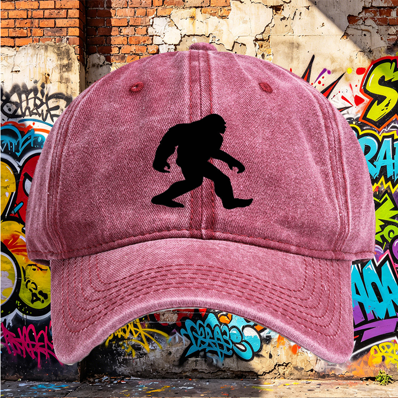 Unisex Classic Washed Cap with Bigfoot Silhouette Print - Outdoor Adventure Hat for Hiking, Camping, and Nature Enthusiasts
