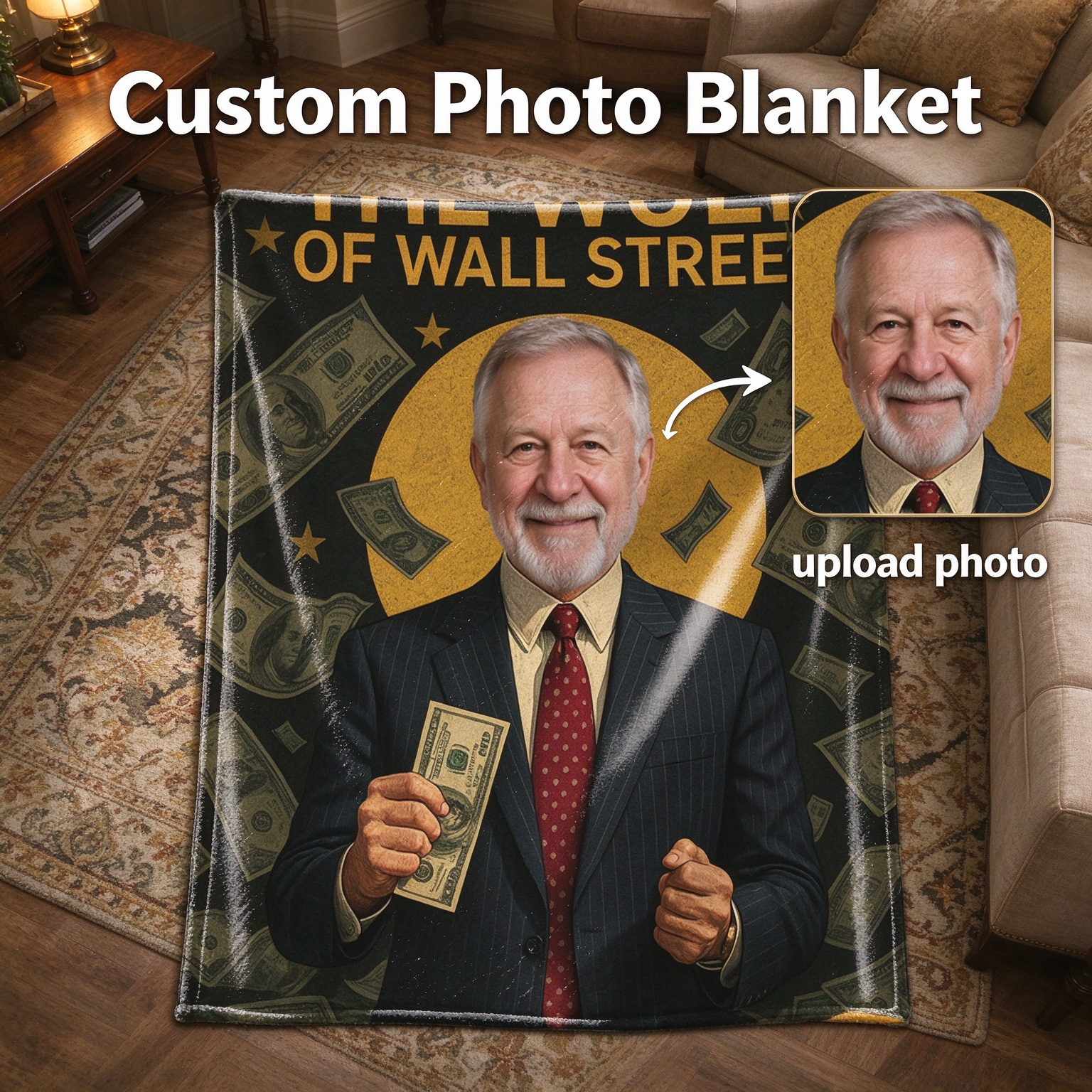 Custom Photo Face Blanket, Wall Street Parody Flannel Throw, Personalized Soft Fleece Bed Couch Gift