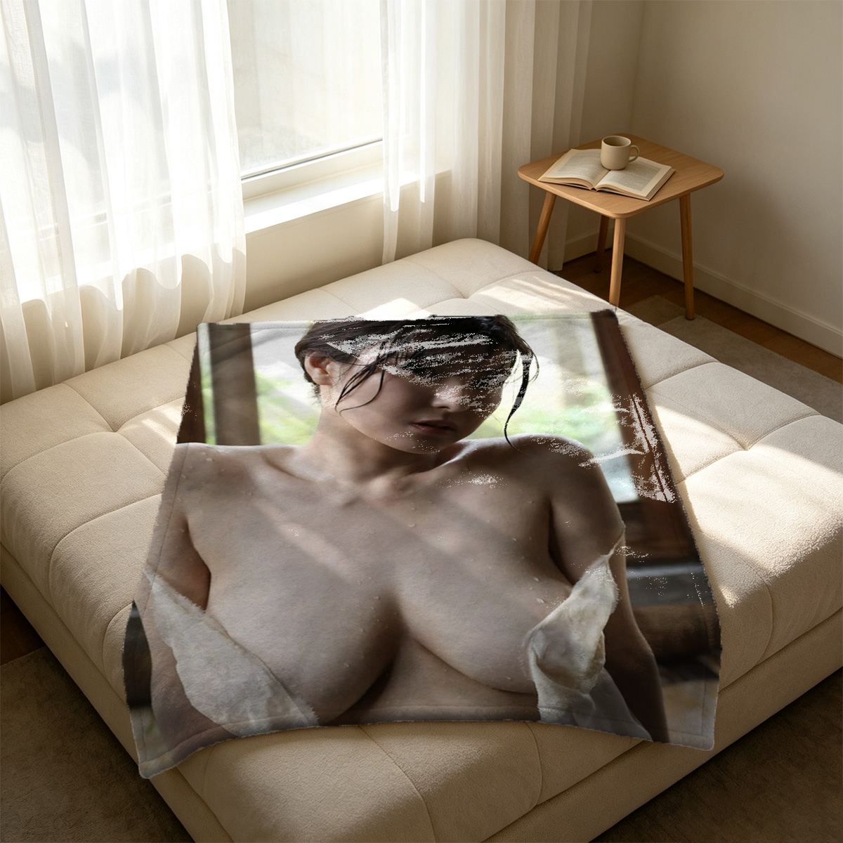 Elegant Asian beauty in black sheer lingerie, kneeling seductively on bed. - Blanket
