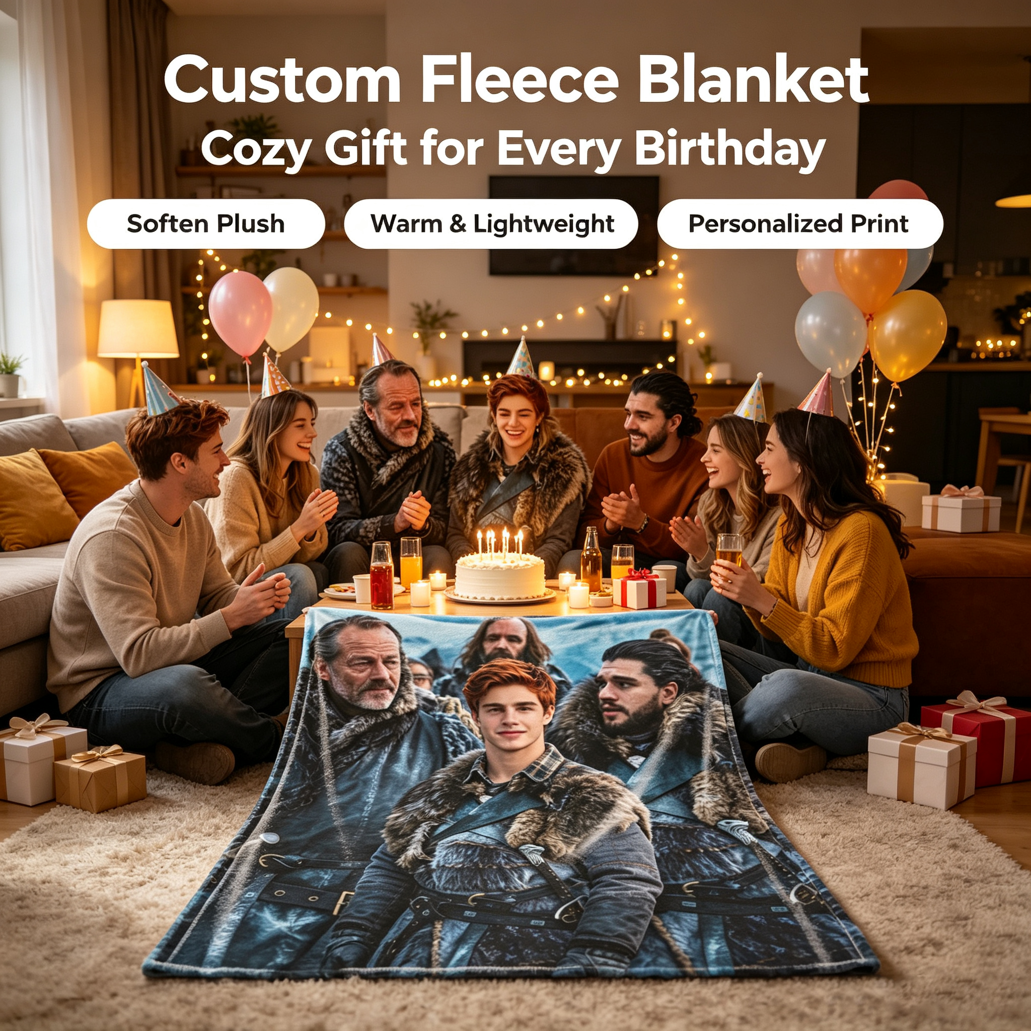 Custom Face Blanket Game of Thrones Jon Snow and Friends Flannel Blanket Cozy Winter Gift for Fans and Collectors
