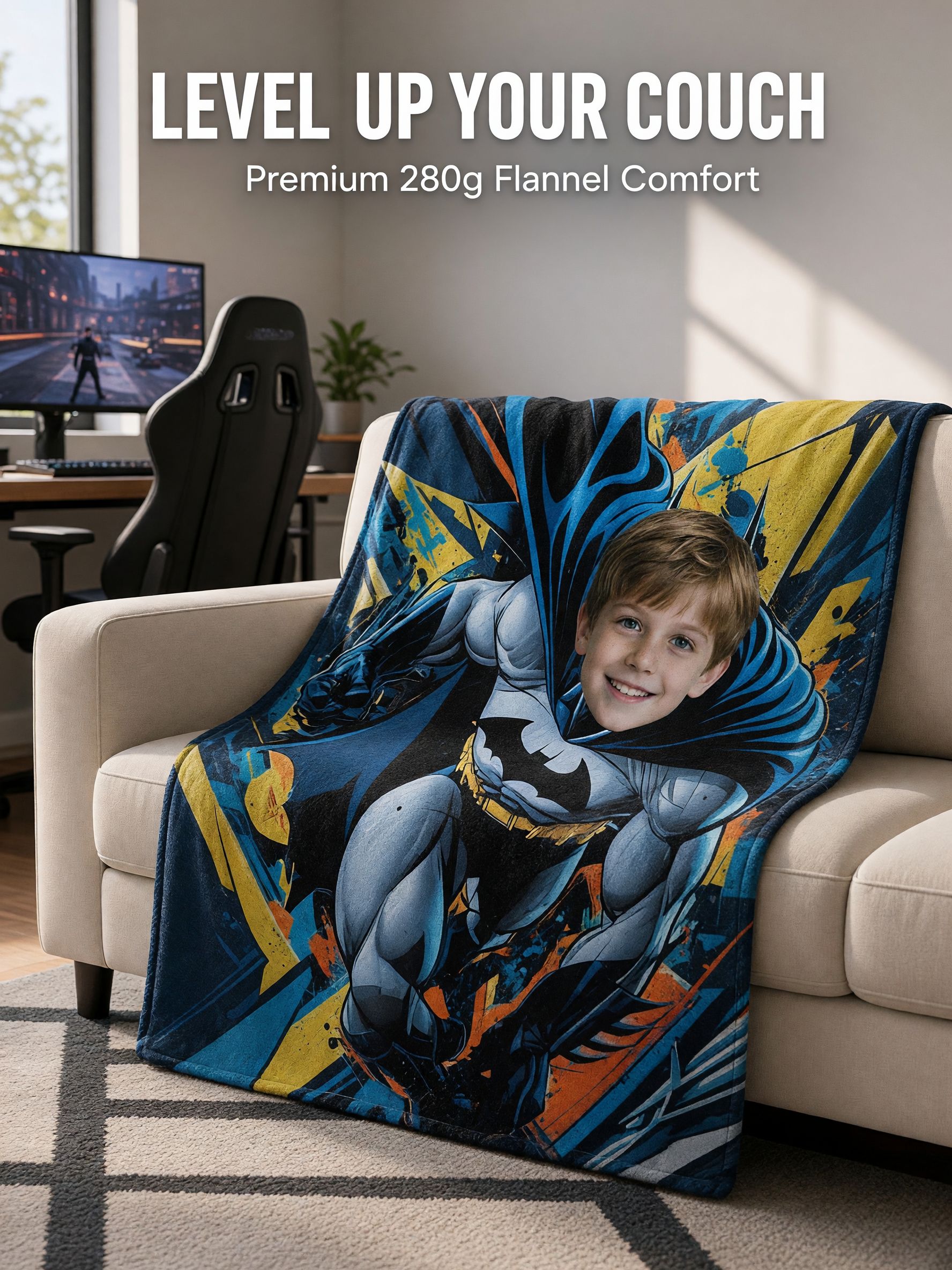 Personalized Face Blanket Custom Comic Superhero Flannel Throw Anti-Pilling Ultra Soft Plush Bed Sofa Gift