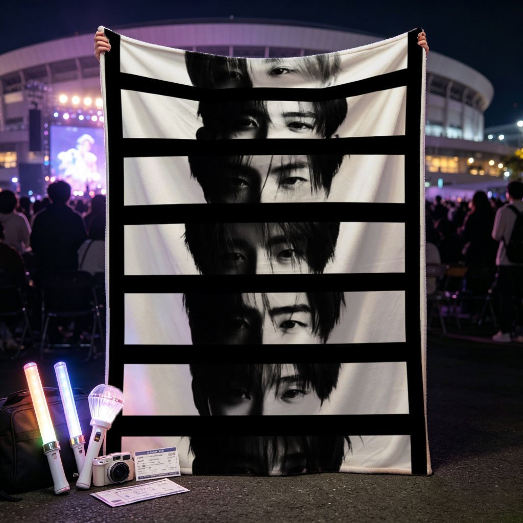 BTS Members in Black and White Striped Portrait with Fragmented Faces - Blankets