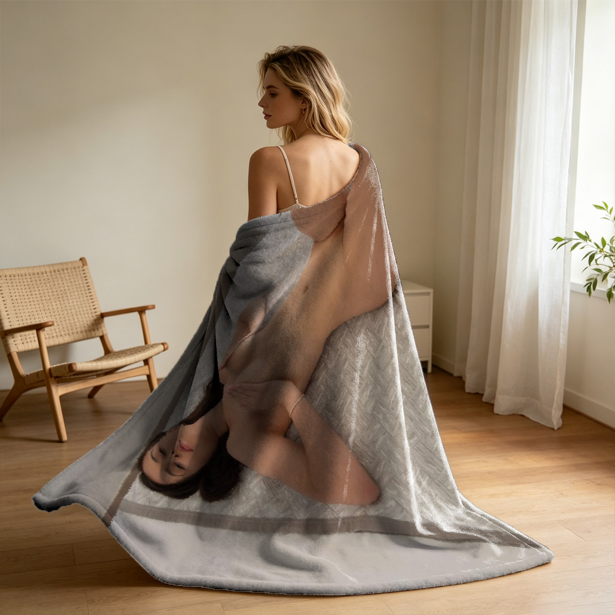 Emma Watson Nude in White Lingerie and Heels on Silver Chair - Blanket