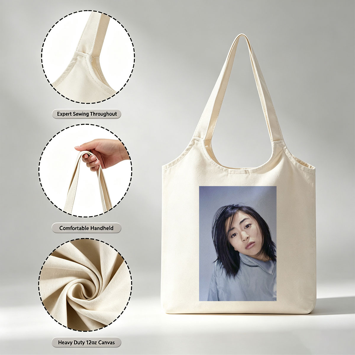 Yuki Kajiura in a Serene Portrait Wearing a Light Blue Collared Shirt Against a Soft Gray Background - Canvas shoulder bags/