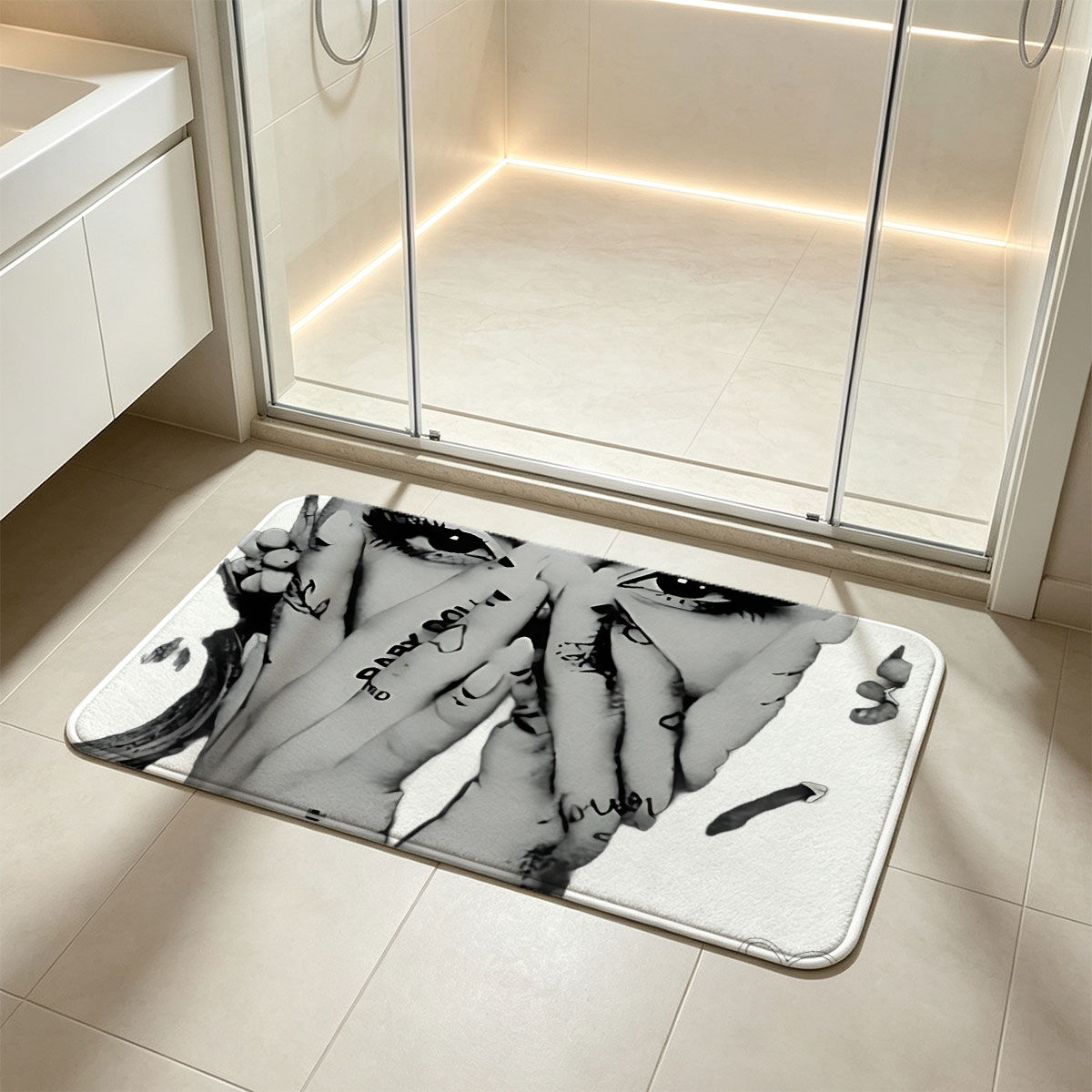 Lady Gaga: Dramatic Monochrome Portrait with Tattooed Hands and Signature - Flannel floor mat