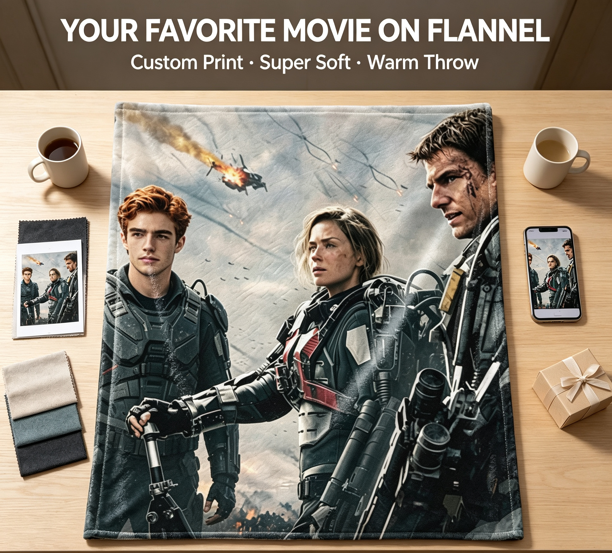 Custom Face Blanket - Sci-Fi Warrior Squad Movie Characters Flannel Blanket for Couch, Bed, or Travel - Perfect Gift for Fans of Action Movies and Military Themes