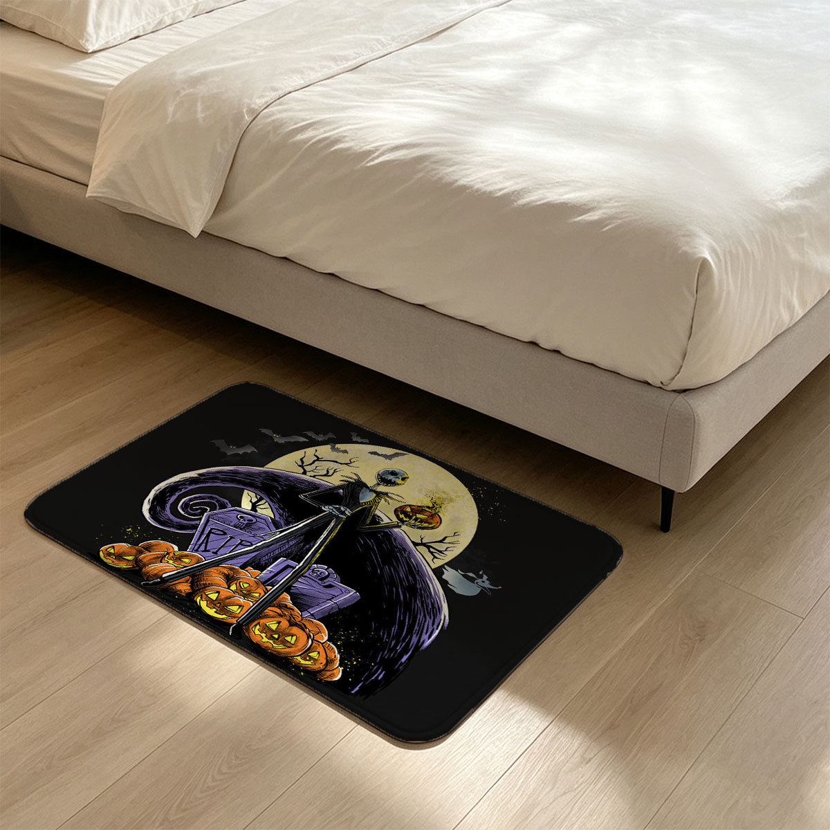 Jack Skellington from The Nightmare Before Christmas stands atop pumpkins with a full moon and bats in the background. - Flannel floor mat