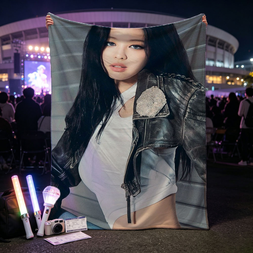 Jennie Kim in a Stylish Leather Jacket and Crop Top Pose - Blankets