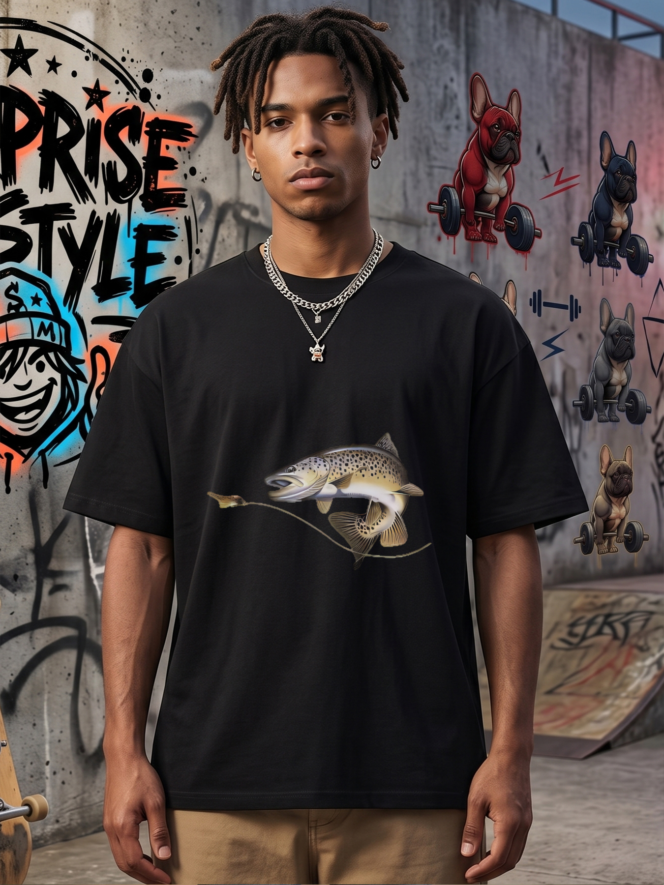 Men's Printed T-Shirt Brown Trout Fishing Design Casual Round Neck Summer Lightweight Breathable Short Sleeve T-Shirt for Outdoor Enthusiasts and Fishing Lovers
