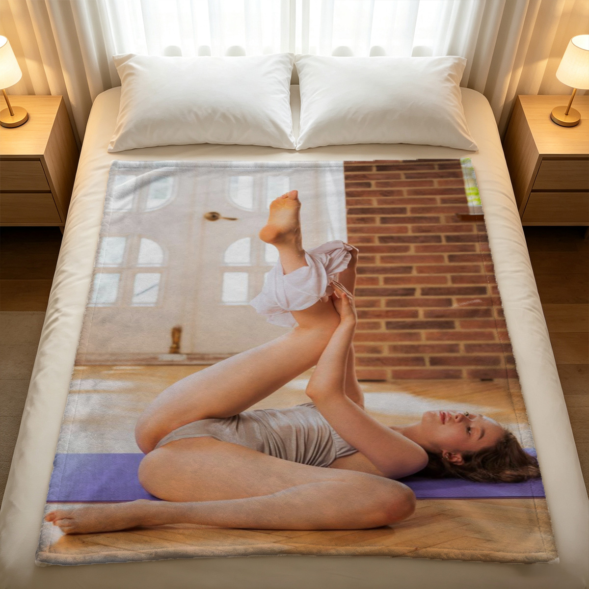 Nude woman lying on grey couch - Blanket