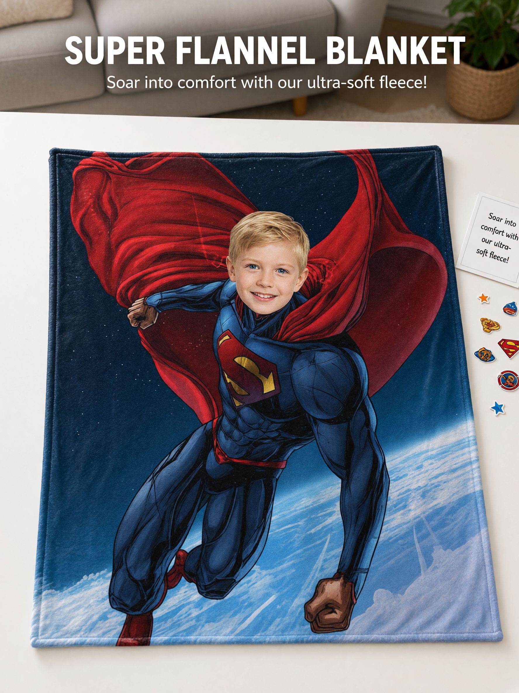 Personalized Superhero Face Photo Flannel Throw Blanket Ultra Soft Anti-Pilling Fleece Bed Cover Ideal Custom Gift