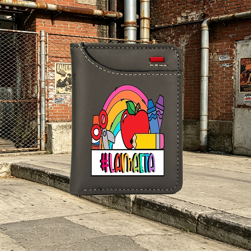 Unisex Vertical Wallet with Rainbow Apple and School Supplies Print #LAMACETA – Stylish Everyday Wallet for Students, Teachers, and Creative Professionals
