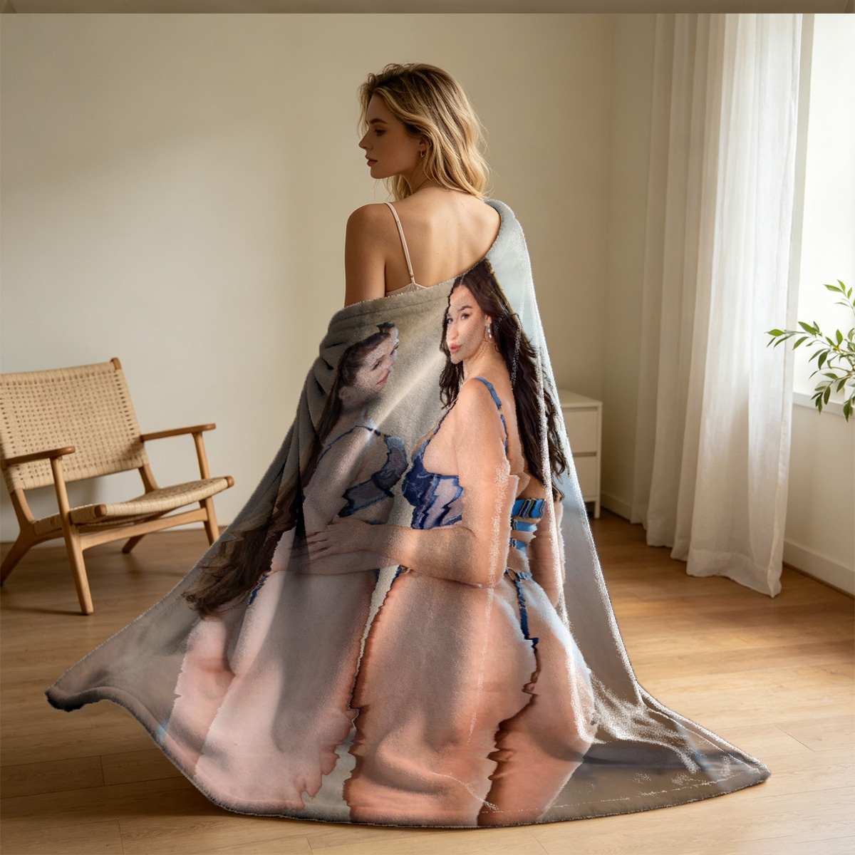 Two Models in Black VIXEN Lingerie on Parisian Balcony with Eiffel Tower View - Blanket