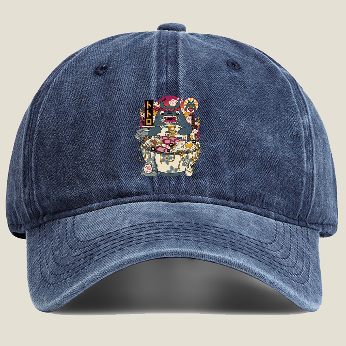 Totoro Ramen Bowl Featuring Totoro and Friends - Washed Denim - Baseball Cap