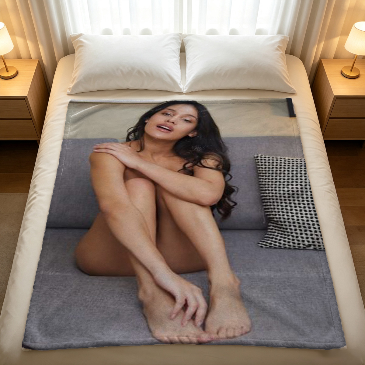 Nude Japanese model in red thong and jeweled high heels, curled pose on leather couch. - Blanket