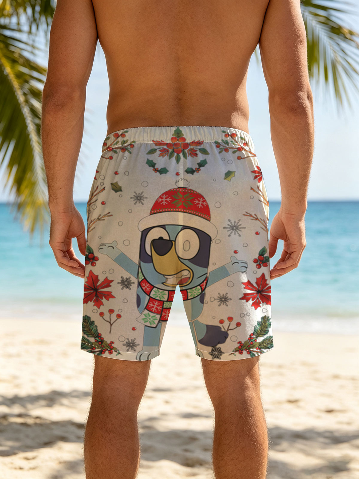 Bluey in Christmas Hat and Scarf, Festive Holiday Scene -  Beach shorts