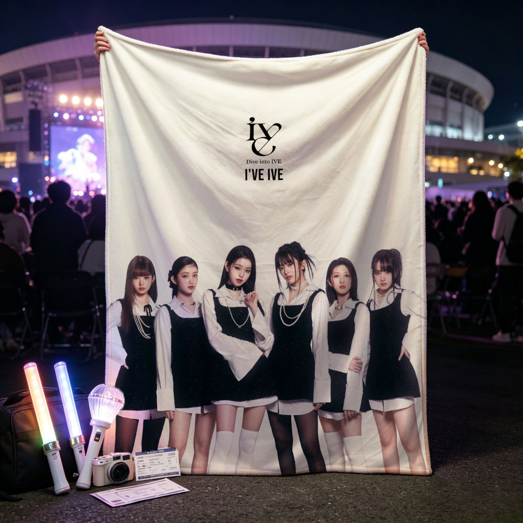 IVE Group in Black and White Schoolgirl Outfits Standing Together on White Background - Blankets