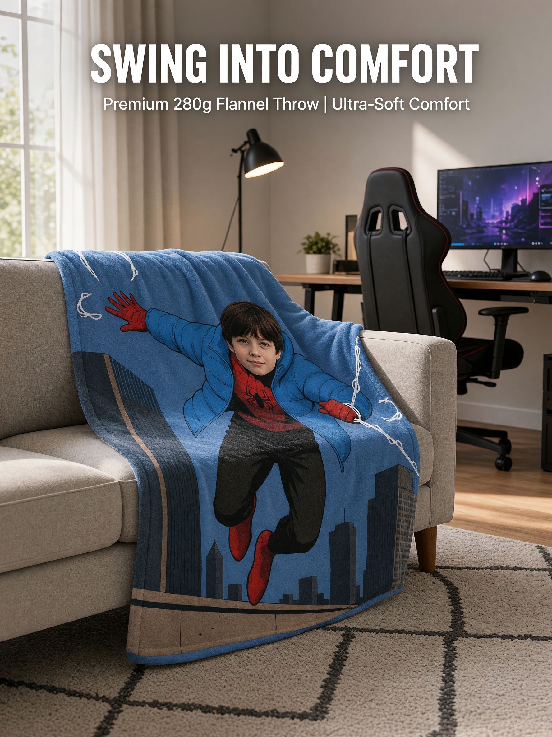 Custom Face Superhero Blanket Personalized Photo Flannel Fleece Throw, Warm Cozy Gift for Kids and Family