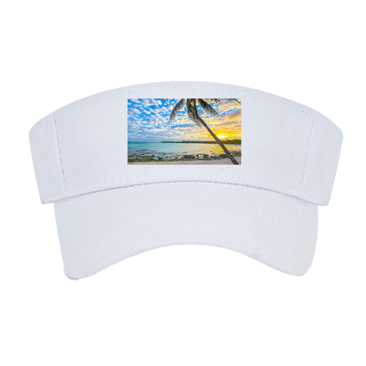 Tropical beach at sunset with palm tree and calm sea -  Visor cap