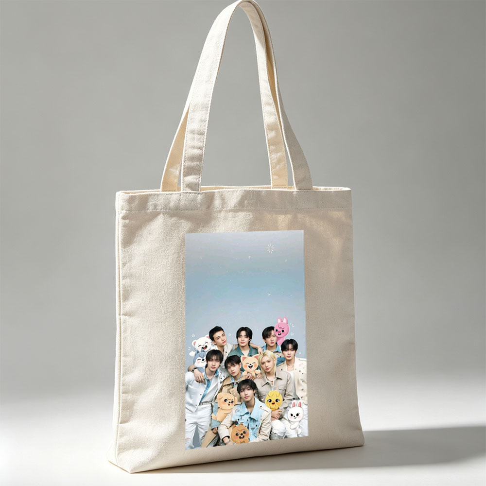 Stray Kids Group Photo with Cute Animal Plushies in a Starry Sky Background - Canvas tote bags