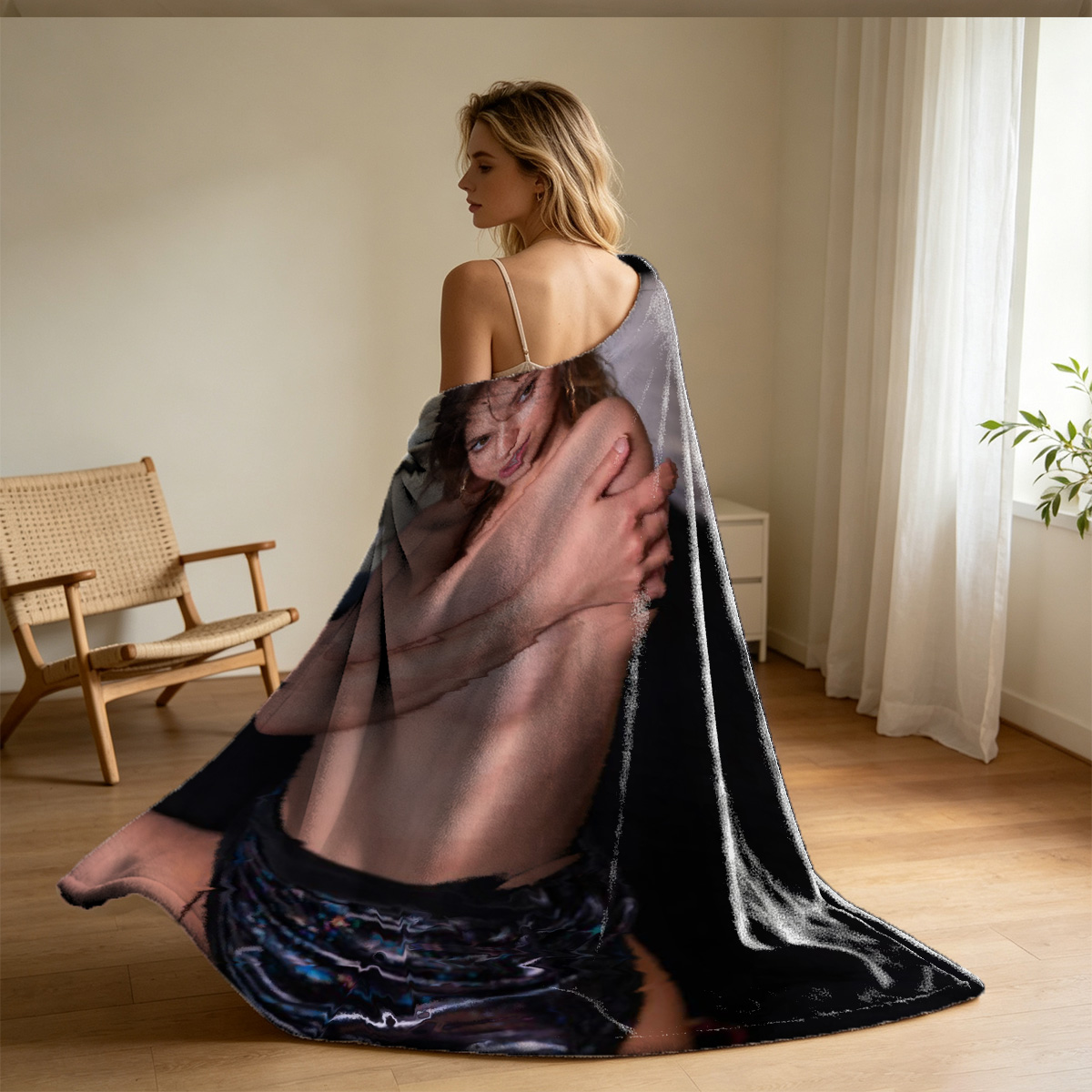 Barefoot woman in black dress showing wrinkled soles with black string tied on toes. - Blanket